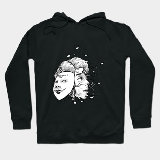 Woman with mask of expression deception. Hoodie